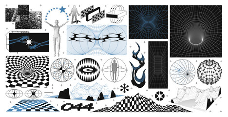 Collection retro futuristic wireframe 3D shapes and abstract graphic elements. Halftone human figures, checkerboard mountains, spheres, torus renders and tech grid illusions. Vintage bitmap set © BonkiStudio
