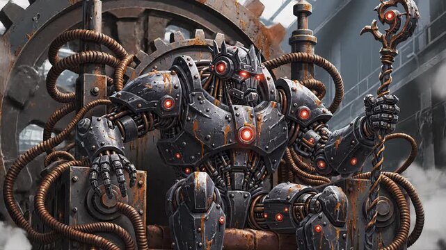 Mechanical King Sitting On Industrial Throne With Glowing Red Eyes And Holding A Scepter In A Steampunk Factory Setting