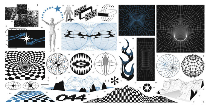 Collection retro futuristic wireframe 3D shapes and abstract graphic elements. Halftone human figures, checkerboard mountains, spheres, torus renders and tech grid illusions. Vintage bitmap set