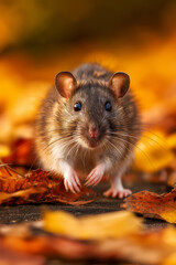 AI generator images of  The brown rat (Norway rat), a common rodent found worldwide, is running amidst the orange and yellow fallen leaves. Signs of seeking shelter or food sources during cold weather