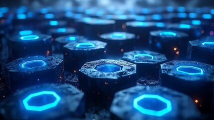 An abstract, futuristic landscape of glowing hexagonal structures with bright blue light - Powered by Adobe