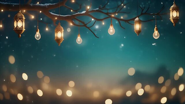 A enchanting winter night scene with glowing lanterns and string lights hanging from snowy branches creating a magical and festive atmosphere with soft bokeh