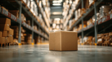 Warehouse setting with one cardboard box placed prominently on the floor, rows of shelves behind, neutral industrial mood