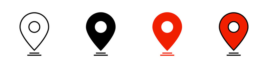 location icon, map pin icons in outline, black, and red styles. for maps, GPS, navigation apps, location markers, address indications, and geolocation interfaces