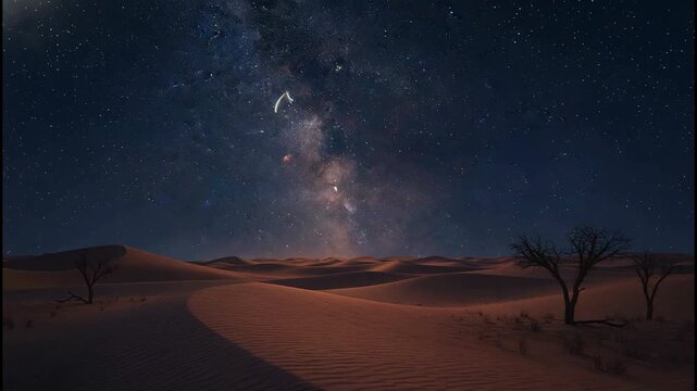 Nightscape with glowing script over desert landscape, celebrating a special religious occasion