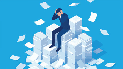 Businessman overwhelmed by paperwork, sitting on large document stacks
