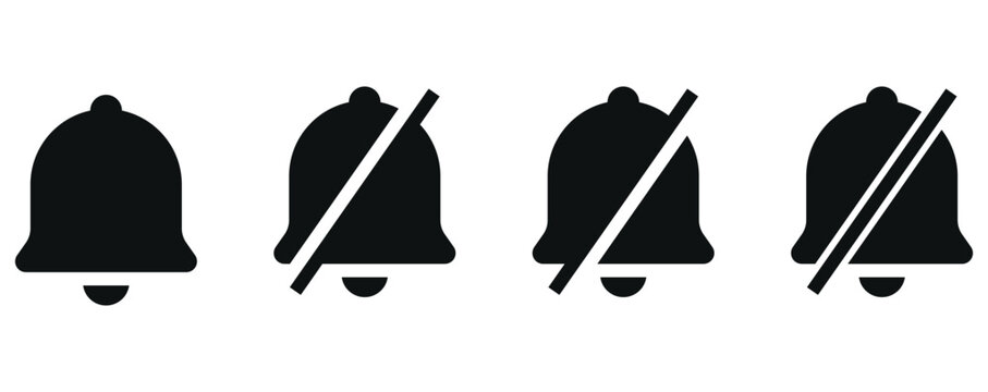 set of notification bell and mute icons, perfect for app interfaces. showing alert on, off, mute and disabled states. for user sound settings, UI, apps and web interfaces