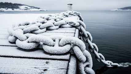Snow-covered chain on dock with icy surface and calm water in winter landscape. Snow-covered anchor chain rests on wooden plank as winter capes everything in serene white.