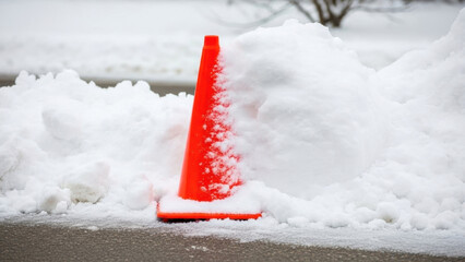 Snow pile covering bright orange traffic cone on street during winter season. Snowy landscape features heavy accumulation around traffic cone, creating an interesting urban winter scene.