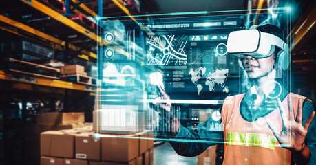 Future virtual reality technology for innovative VR warehouse management . Concept of smart technology for industrial revolution and automated logistic control .