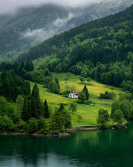 AI generator images of landscape of this valley comprises stunning Himalayan peaks, lakes, and pastures. Lush meadows, snow-covered wild plum trees, and beautiful hiking trails.