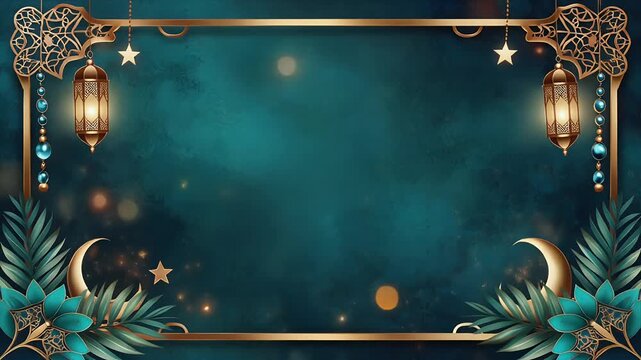 An elegant teal and gold background frame adorned with lanterns stars moons and intricate floral patterns perfect for festive greetings and celebrations