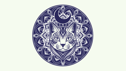 Mystical Cat Mandala Intricate Feline Design with Crescent Moon.