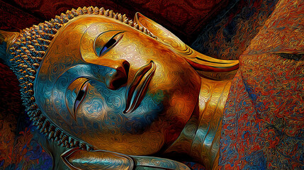 AI generator images of  The face of the reclining Buddha image at the temple, in a digital art style that emphasizes texture and patterns.