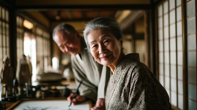 Smiling Japanese senior woman, elegant kimono. Husband practices calligraphy nearby. Peaceful retirement, cultural tradition. Warm interior, authentic lifestyle. Gentle moment captured.