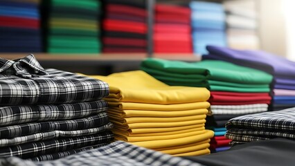 Stacks of folded shirts in various colors and patterns