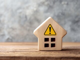 警告マークが付いた木製の家型オブジェが住まいのリスクや注意点を伝える住宅トラブル対策イメージ