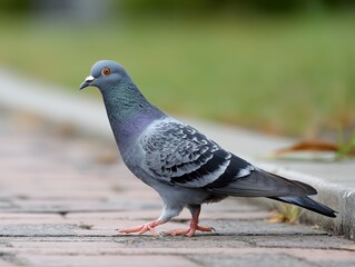 Obraz premium 歩道を歩くハトの姿をクローズアップで捉えた都市部の日常と野鳥観察を感じさせるスナップイメージ
