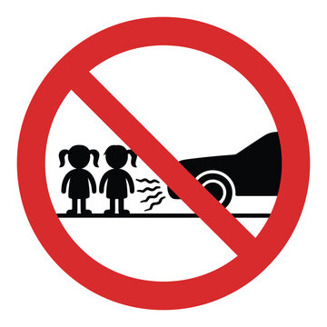 Prohibition sign showing a car emitting exhaust fumes near two children, indicating no idling or air pollution in sensitive areas.