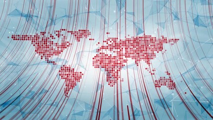 Abstract digital world map with red dots and flowing network lines on a blue background, symbolizing global connections, data flow, technology and communication networks. Seamless looping. - Powered by Adobe