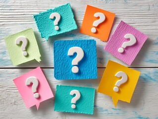 たくさんの疑問符が並ぶ付箋メモで質問や悩み考える気持ちを表現したイメージ写真