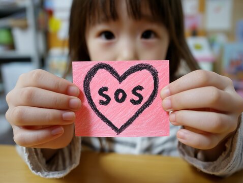 SOSカードを掲げて助けを求め支援を訴える小学生の女の子の切実なメッセージ