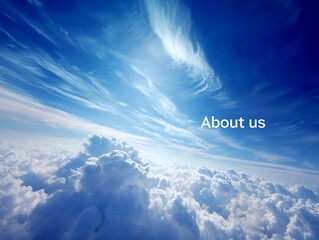 青空と雲海を背景にAbout usの文字で企業やサービスの想いを表現したイメージ