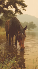 AI generator images of  A horse drinking from a water source amidst an autumn atmosphere, with numerous trees bearing bright yellow blossoms or leaves along the water's edge, creating a beautiful 