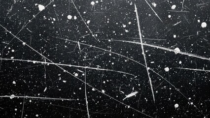 Abstract Scratched Black Background with White Dust and Lens Flare, Vintage Film Texture, Distressed Grungy Surface Overlay, Dark Monochromatic Weathered Texture