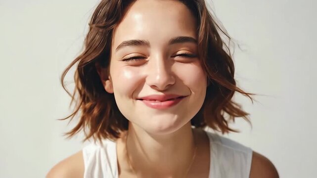 Young Woman Laughing Joyfully in Natural Light.