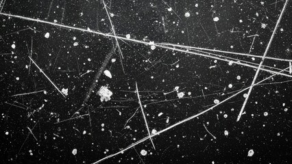 Abstract Scratched Black Background with White Dust and Lens Flare, Vintage Film Texture, Distressed Grungy Surface Overlay, Dark Monochromatic Weathered Texture