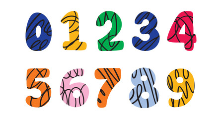 Naklejka premium colorful kids numbers vector from 1 to 0 with doodle messy pattern lines. set, doodle hand drawn, for stickers, logos, branding, social media and printable.