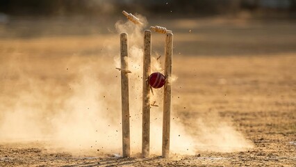 cricket ball breaking wooden stumps with dust explosion on pitch,fast cricket delivery hitting wickets,close up of cricket ball hitting stumps with flying dust