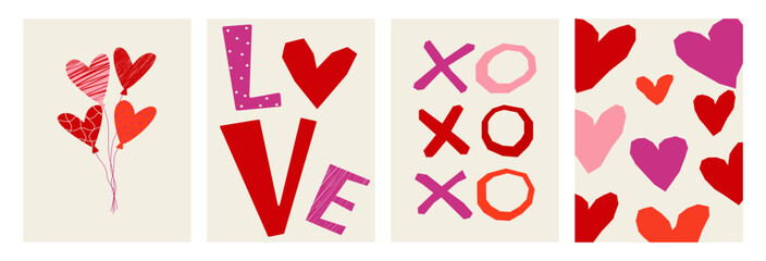 Set of four vertical posters featuring abstract red and pink hearts, love text, xoxo, and heart balloons