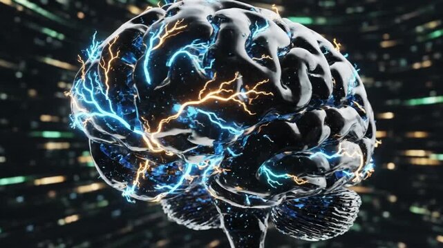 Electric impulses flowing through a human brain on a dark