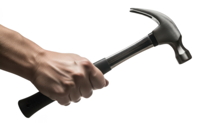 Strong masculine hand holding steel claw hammer handle against transparent background isolated