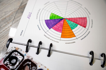Open ring binder planner with a colorful wheel of life chart for 2025, showing balance areas like health, finances, relationships, career and personal growth. Concept of planning, self assessment and 