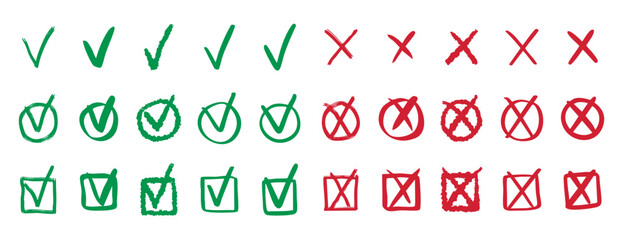 Check marks doodle set vote yes no cross hand drawn icon