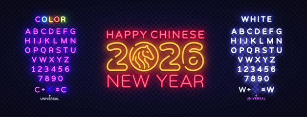 Neon composition features the 2026 Chinese New Year in bold glowing lines with a warm horse symbol at the center. The design blends light and color to create a lively celebratory look.