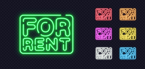 Bundle of FOR RENT neon signs in multiple shades, great for property listings, business spaces or rental announcements.
