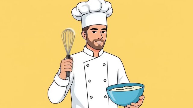 Chef Holding Whisk and Bowl Illustration.