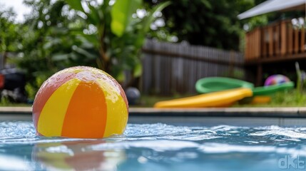 Playful summer scene with beach ball floating on a cool refreshing pool water