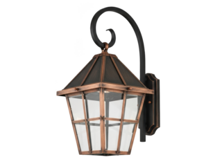 Outdoor wall lantern with a copper and black finish and clear glass panels on a transparent background