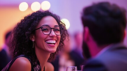 Radiant smile of a young woman with curly hair enjoying a social gathering