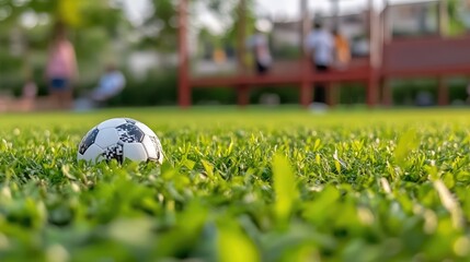Soccer ball resting peacefully on a lush green field during sundown