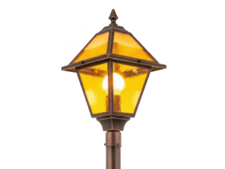 Garden lamp with a glowing bulb inside a yellow glass shade on a decorative post against a transparent background