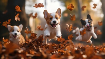 Cute corgi puppies joyfully playing in a pile of autumn leaves outdoors