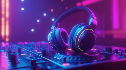 Retro-Futuristic DJ Setup: Headphones on Mixing Console with Neon Ambiance