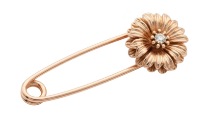 Rose gold flower shaped safety pin with diamond center on transparent background