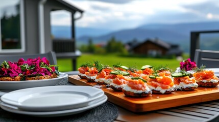 Delicate Salmon Canap?s Served Outdoors Overlooking a Scenic Landscape View